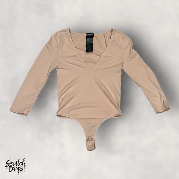Vintage Y2K BEBE Beige Bodysuit Long Sleeve Made in USA Small 11.5x23 - Picture 1 of 3